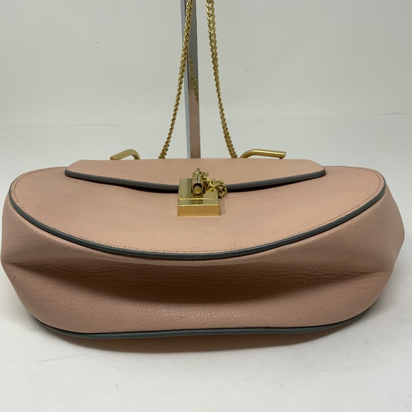 Chloe Drew Genuine Leather Foldover Crossbody Saddle Purse Bag Pink Cream Gold - Picture 6 of 8